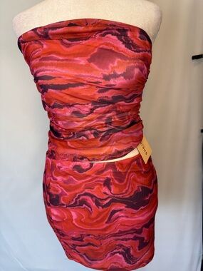 SHEIN Strapless Marble-Print Red & Pink 2-Piece Bodycon Dress/Pool Coverup